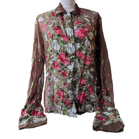 Stunning Rare Find Designer silk blend Sheer Floral Rose Mocha brown Shirt Small - Picture 6 of 17